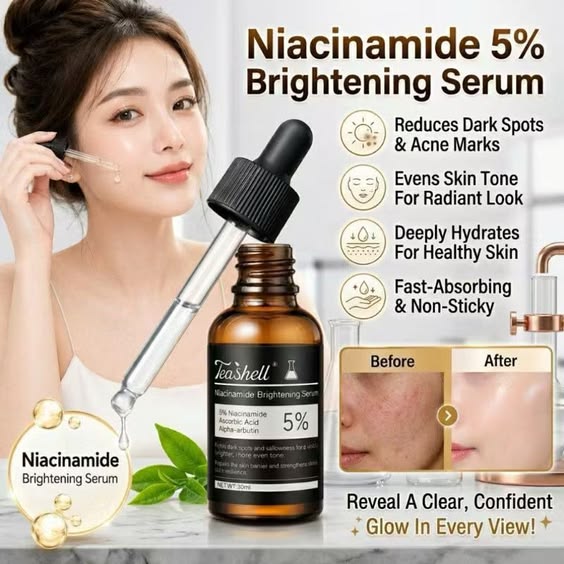 Teashell Niacinamide Brightening Serum model dark spots fades skin glow Pakistan